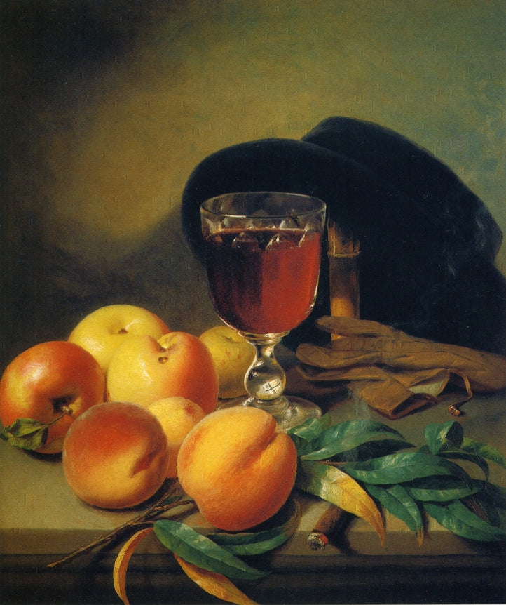 Tabletop with Apples, Peaches, Gloves, Hat and Cigar, vintage artwork by Peter Baumgartner, 12x8" (A4) Poster