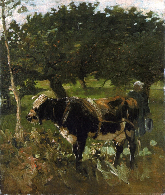 Cow and Milkmaid, vintage artwork by Heinrich Johann von Zügel, 12x8" (A4) Poster