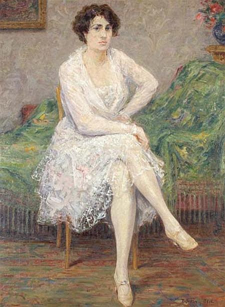 Seated Woman in White, vintage artwork by Pere Ysern i Alie, 12x8" (A4) Poster
