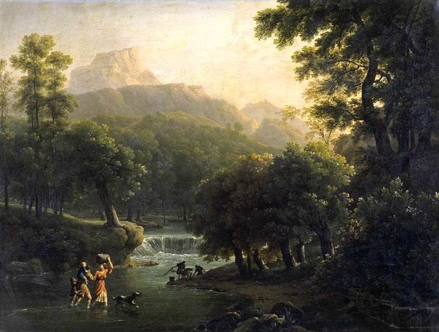 Landscape with Figures Crossing a River, vintage artwork by Jean-Joseph-Xavier Bidauld, 12x8" (A4) Poster