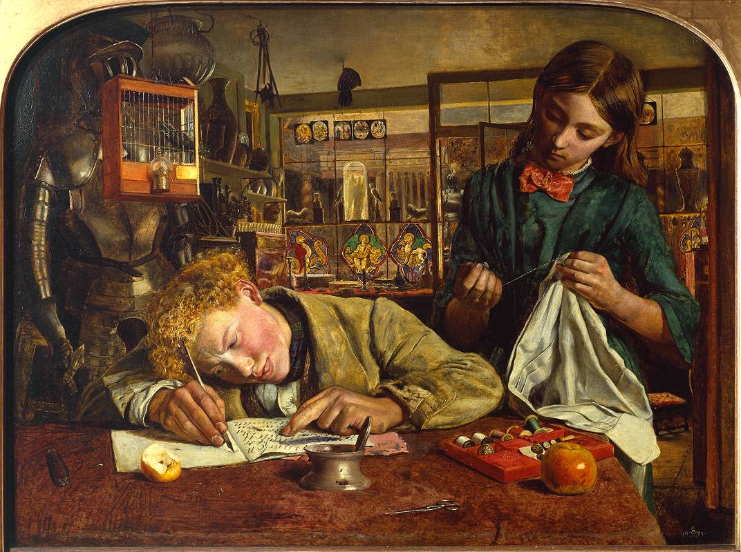 Kit's First Writing Lesson, vintage artwork by Robert Braithwaite Martineau, 12x8" (A4) Poster