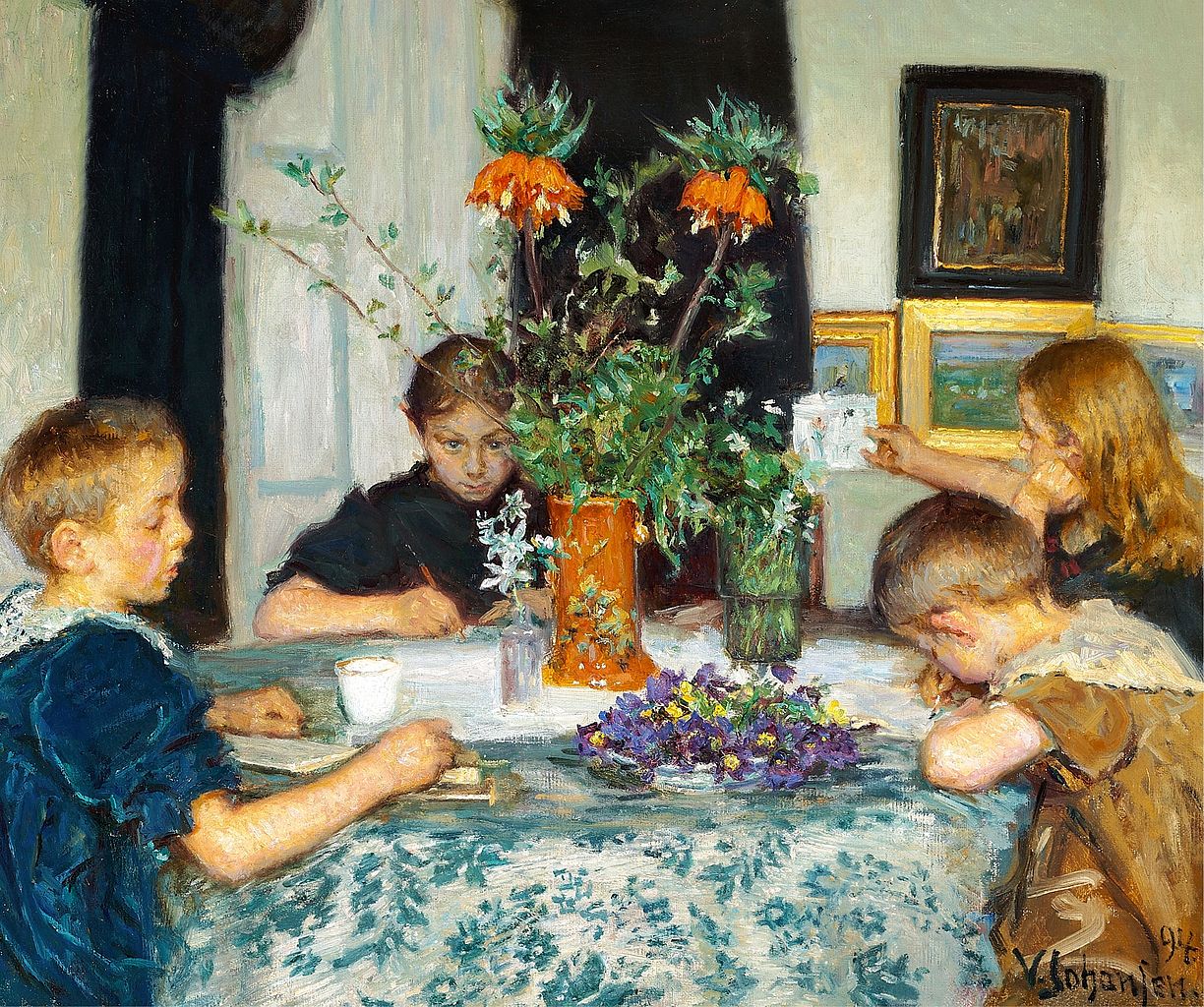 Children painting spring flowers, vintage artwork by Viggo Johansen, 12x8" (A4) Poster