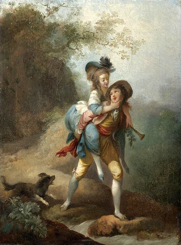 A Young Gentleman Carrying a Lady across a Stream, vintage artwork by Jean-Frederic Schall, 12x8" (A4) Poster