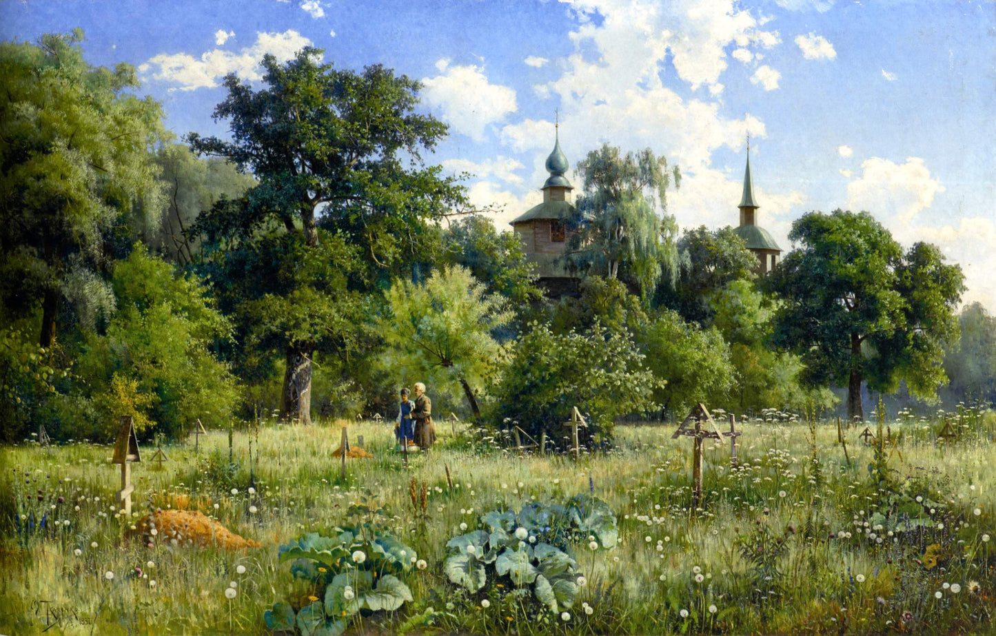 Village Cemetery, vintage artwork by Mikhail Tkachenko, 12x8" (A4) Poster