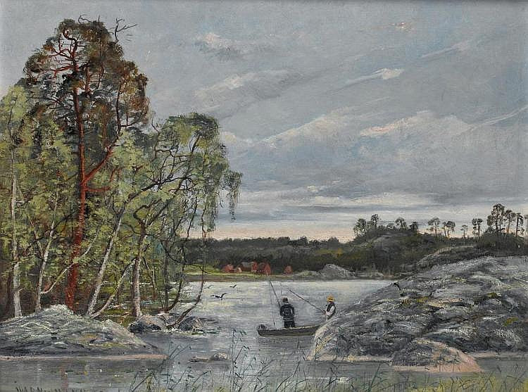 Fishing on a Lake, vintage artwork by Ivar Naumann, 12x8" (A4) Poster