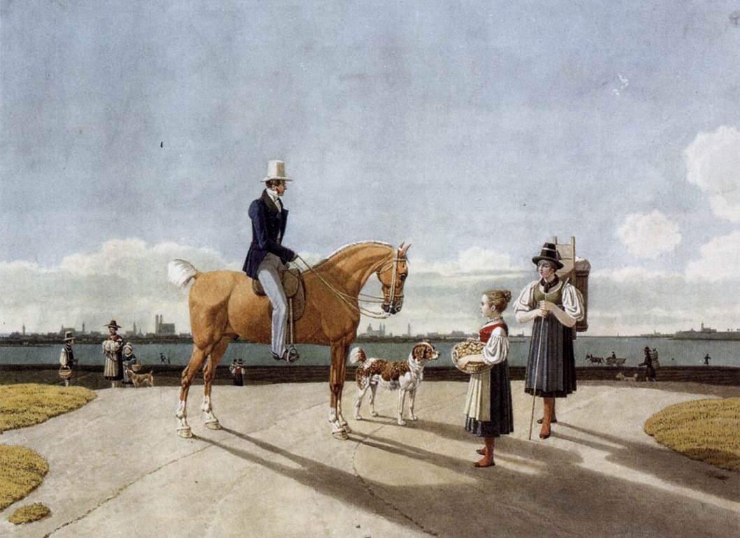 Gentleman on Horseback and Country Girl on the Banks of the Isar near Munich, vintage artwork by Wilhelm von Kobell, 12x8" (A4) Poster