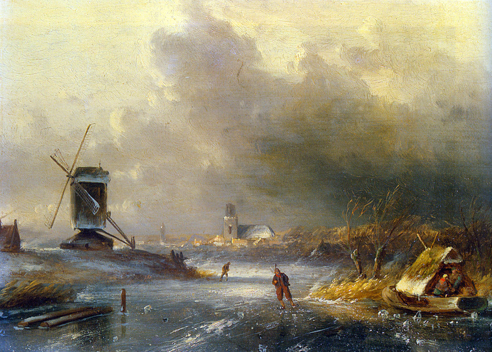 A Winter Landscape With Skaters On A Frozen River, vintage artwork by Charles Henri Joseph Leickert, A3 (16x12") Poster Print