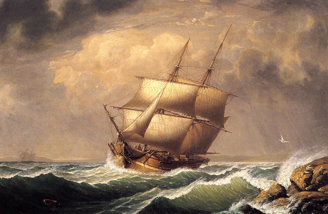 Merchant Brig under Reefed Topsails, vintage artwork by Fitz Henry Lane, A3 (16x12") Poster Print