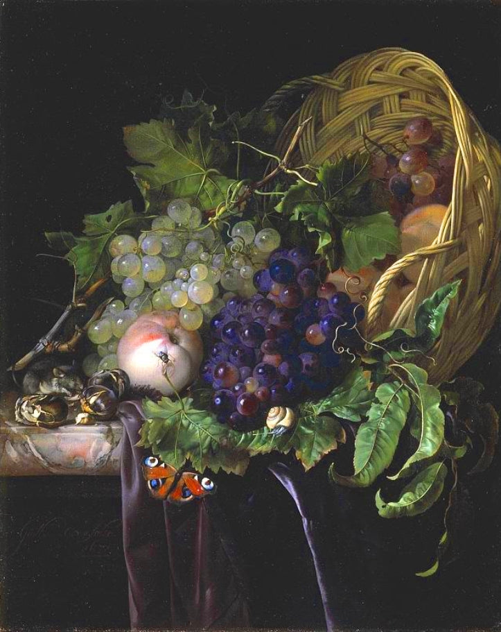 Peaches, Chestnuts and Grapes in an Overturned Basket, vintage artwork by Willem van Aelst, 12x8" (A4) Poster