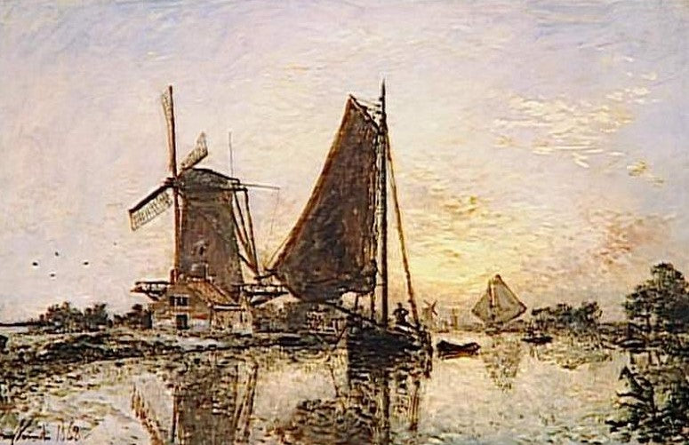 Boats near a Windmill in Holland, vintage artwork by Johan Barthold Jongkind, A3 (16x12") Poster Print