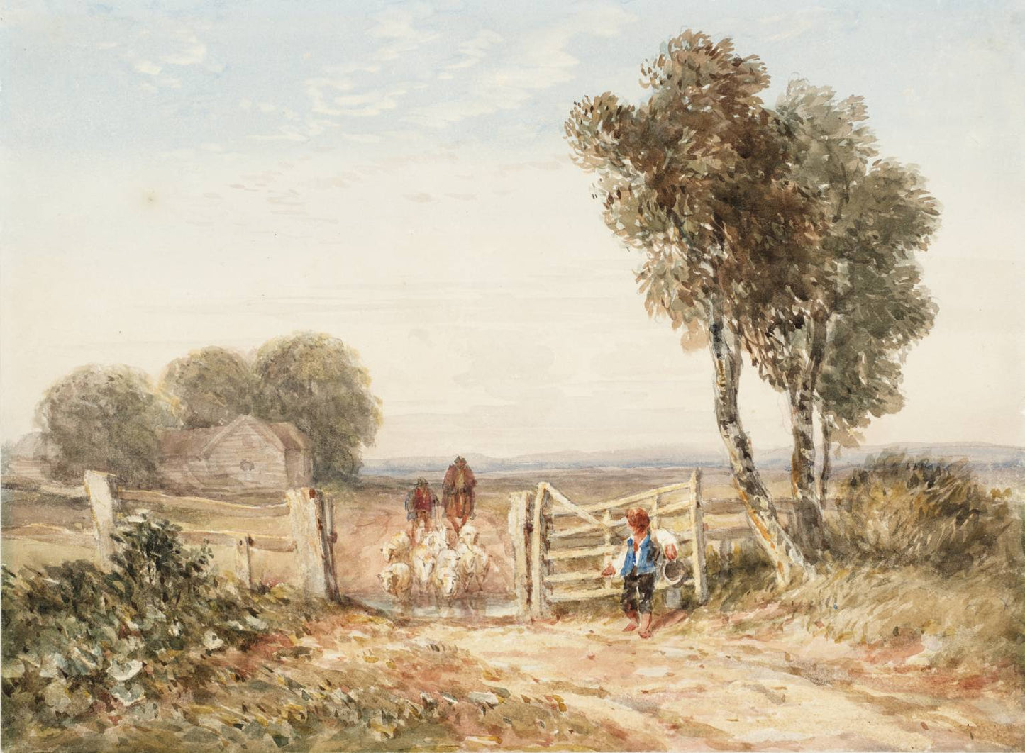 Boy Opening a Gate for Sheep, vintage artwork by David Cox, 12x8" (A4) Poster