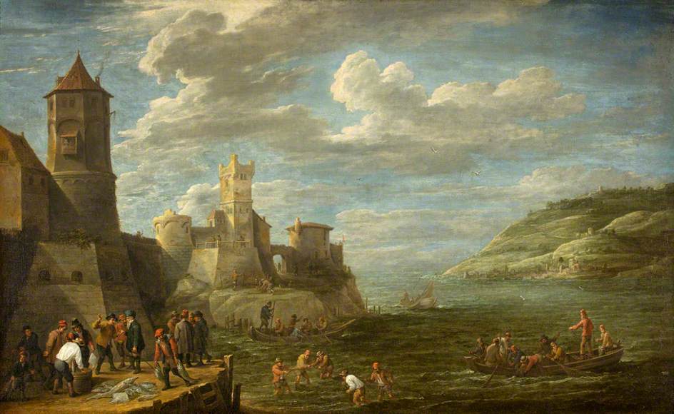 Fishermen on a Quay, vintage artwork by David Teniers (II), 12x8" (A4) Poster