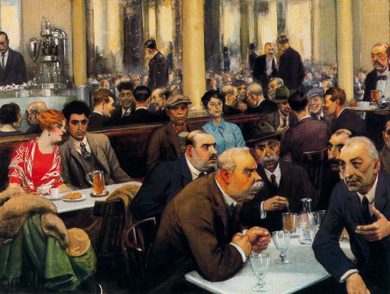 At the Cafe, vintage artwork by Adolfo Lozano Sidro, 12x8" (A4) Poster