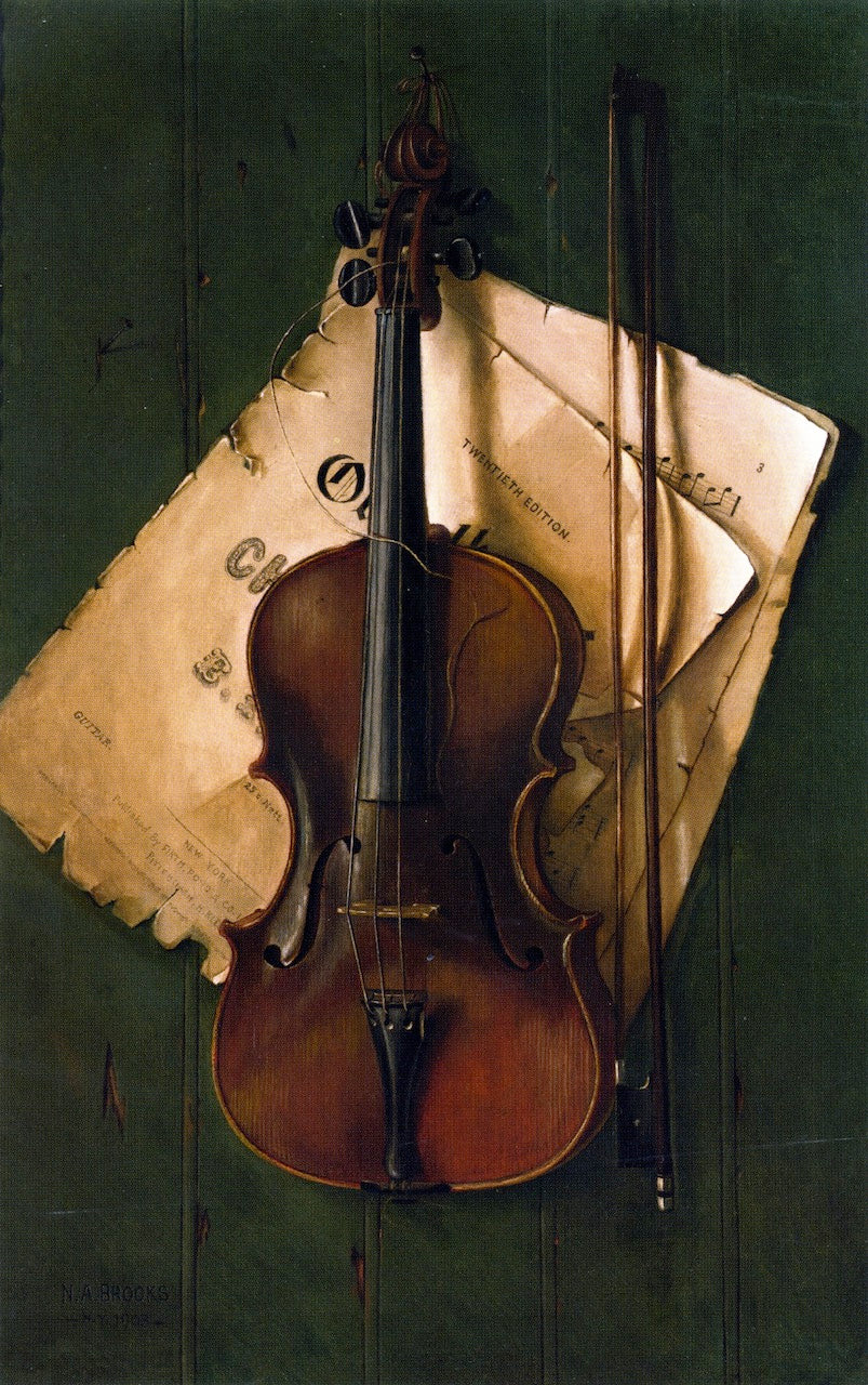 Still Life with Violin, Bow and Sheet Music, vintage artwork by Nicholas Alden Brooks, 12x8" (A4) Poster