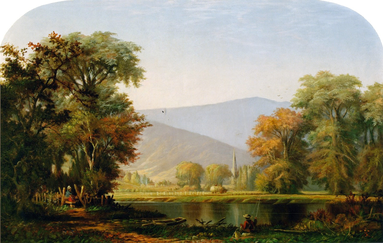 Landscape with Lake, Fisherman, vintage artwork by Edwin Deakin, 12x8" (A4) Poster