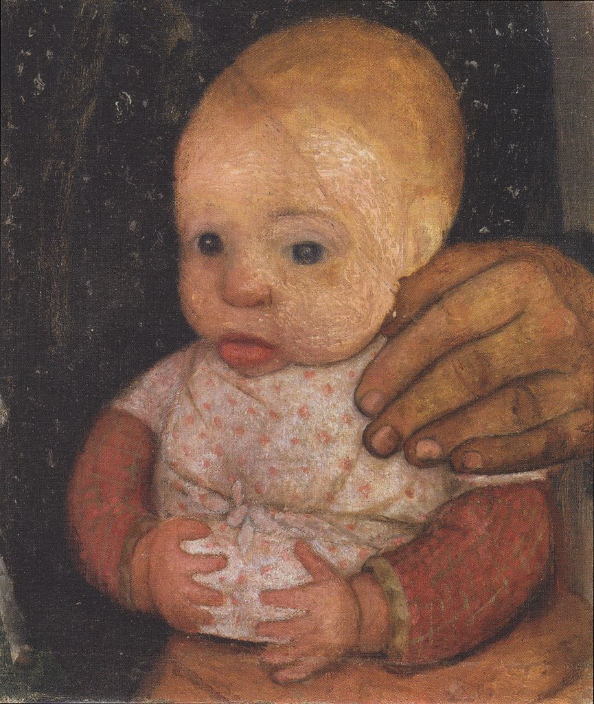 Infant with mother's hand, vintage artwork by Paula Modersohn-Becker, 12x8" (A4) Poster