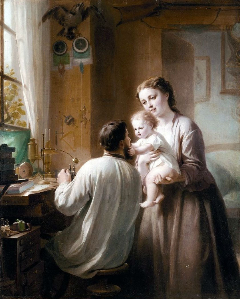 The Watchmaker And His Family, vintage artwork by Fritz Zuber-Buhler, 12x8" (A4) Poster