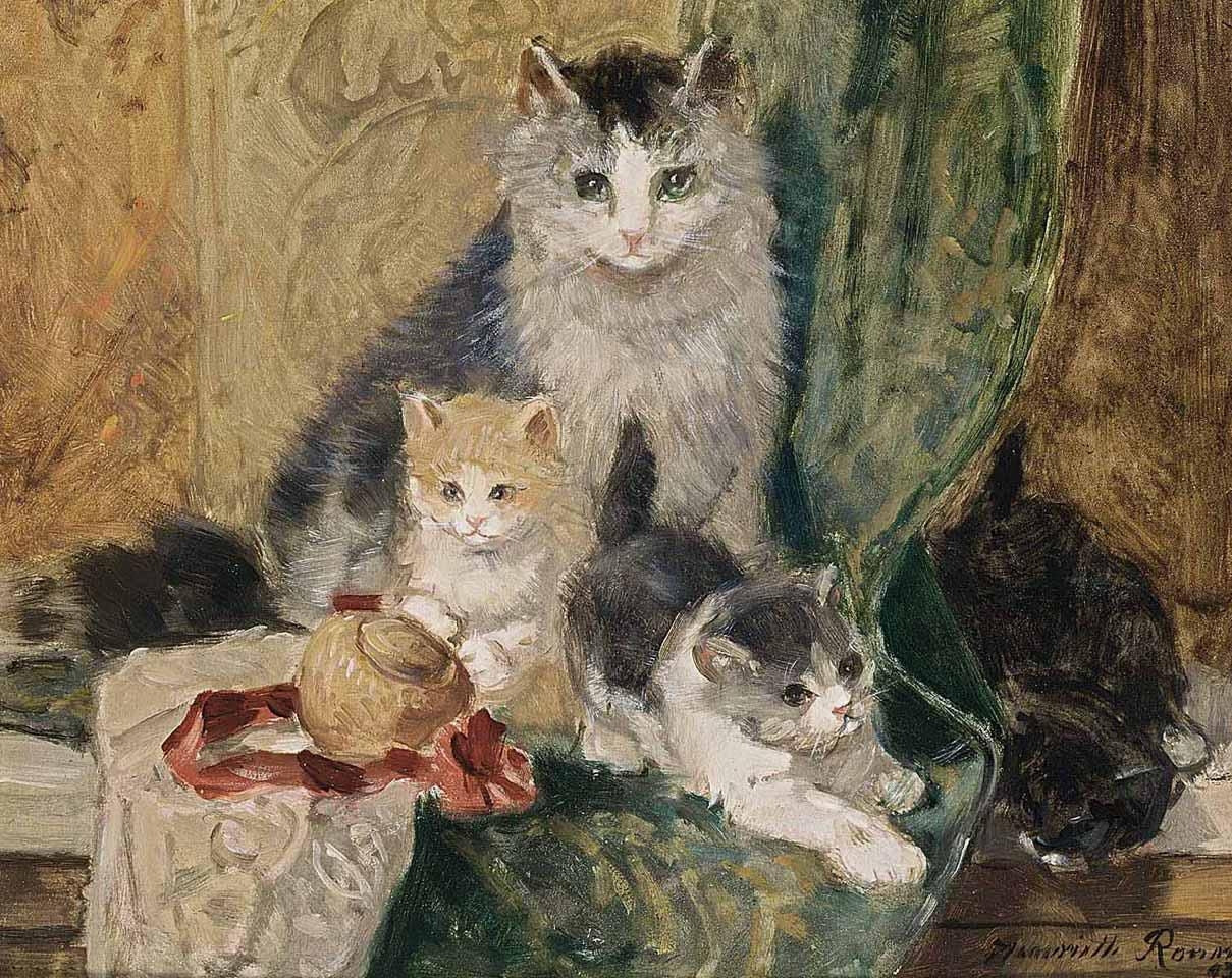 A mother cat with her playful kittens, vintage artwork by Henriette Ronner-Knip, A3 (16x12") Poster Print