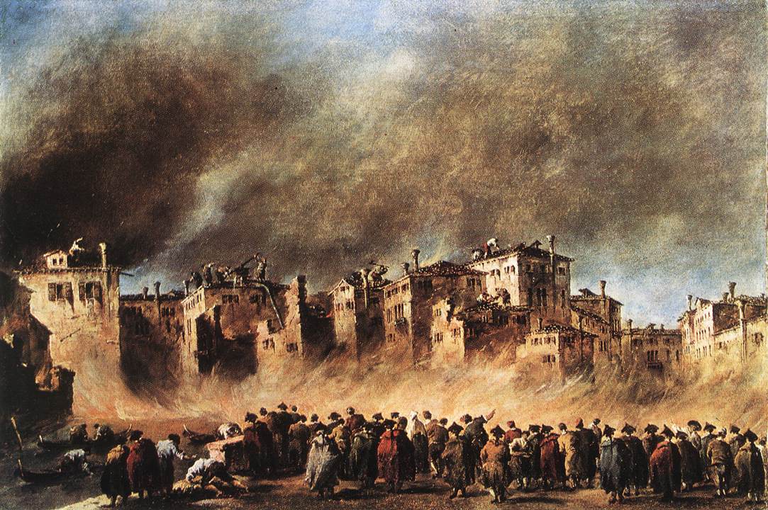 Fire in the Oil Depot at San Marcuola, vintage artwork by Francesco Guardi, 12x8" (A4) Poster
