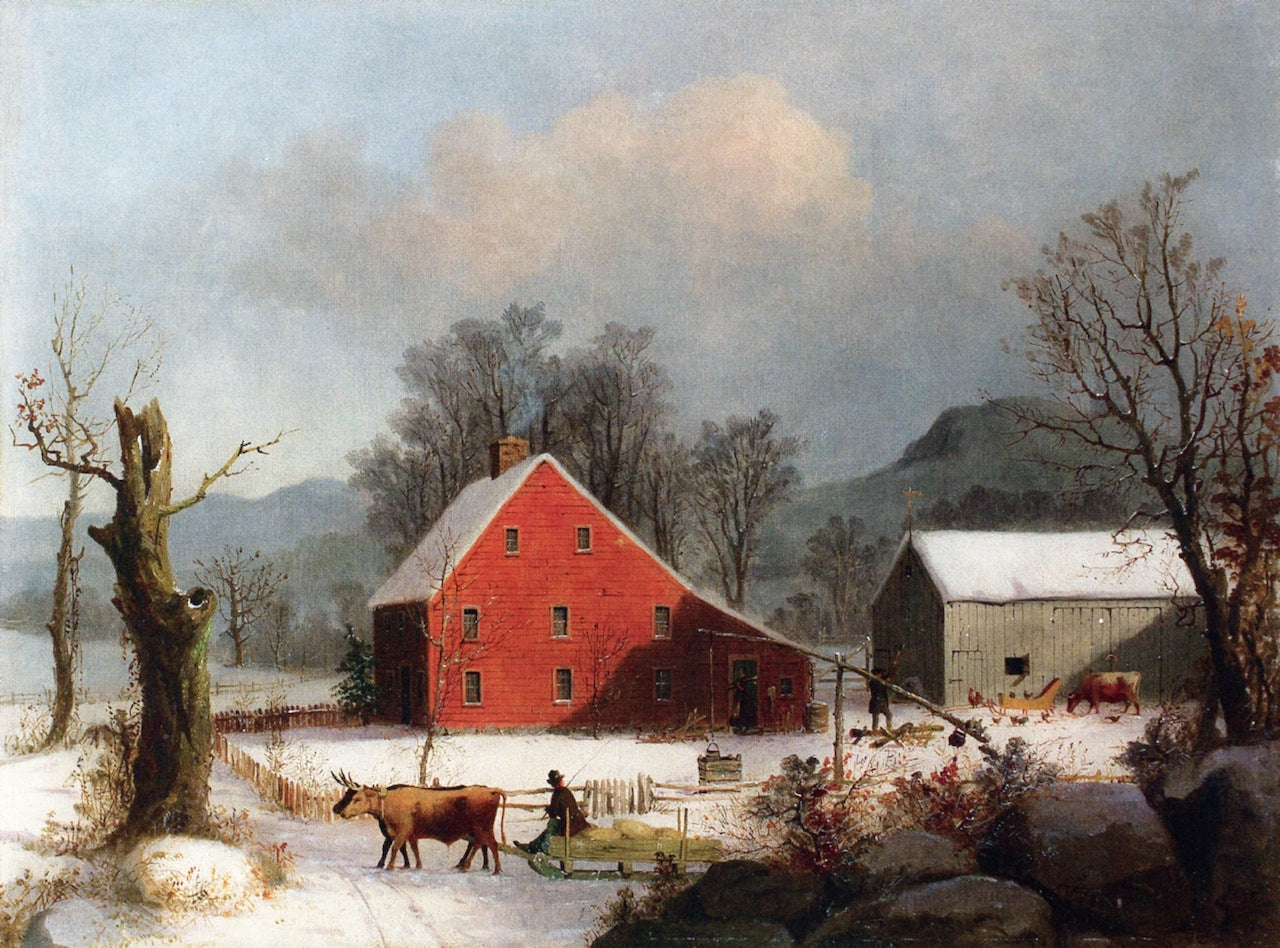 Winter Farmyard with Ox-Drawn Sledge, vintage artwork by George Henry Durrie, A3 (16x12") Poster Print