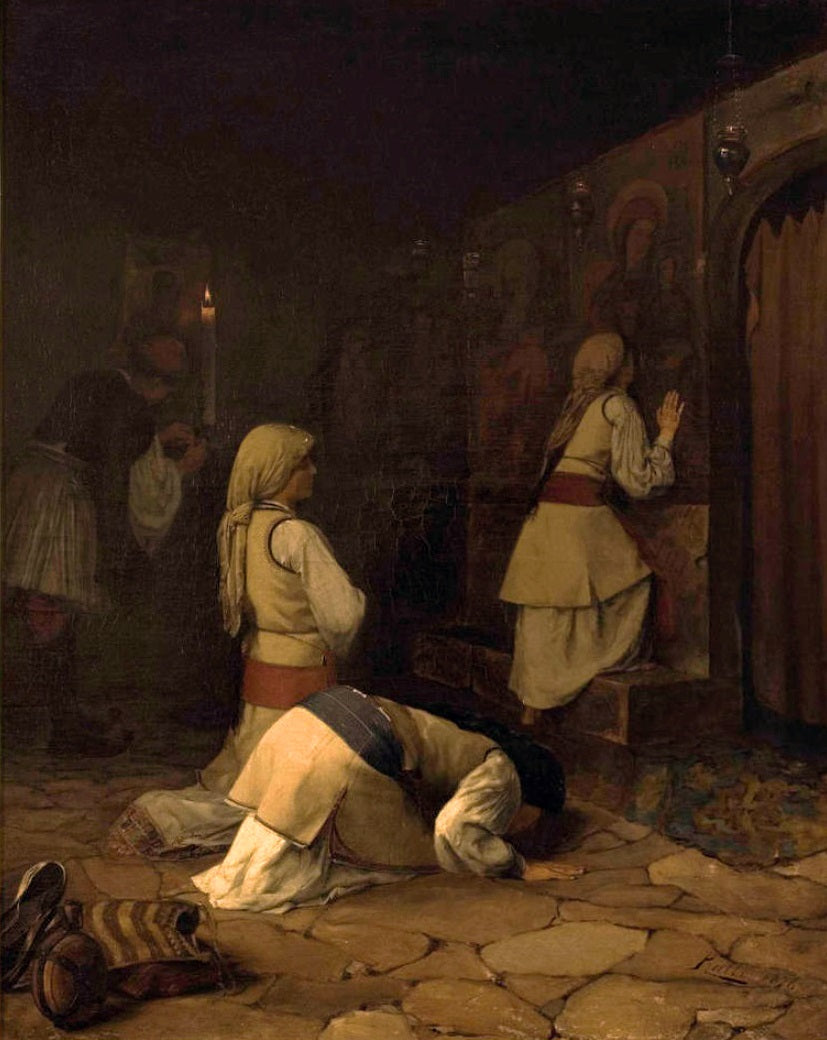 Praying In Greek Church, Monparnas, vintage artwork by Theodoros Ralli, 12x8" (A4) Poster