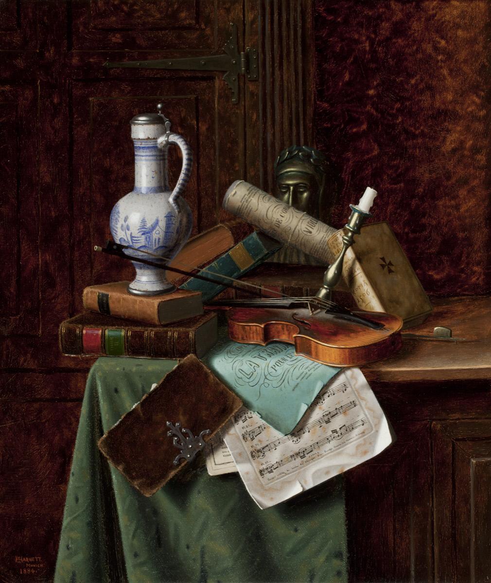 Still Life with Dutch Jar and Bust of Dante, vintage artwork by William Michael Harnett, 12x8" (A4) Poster