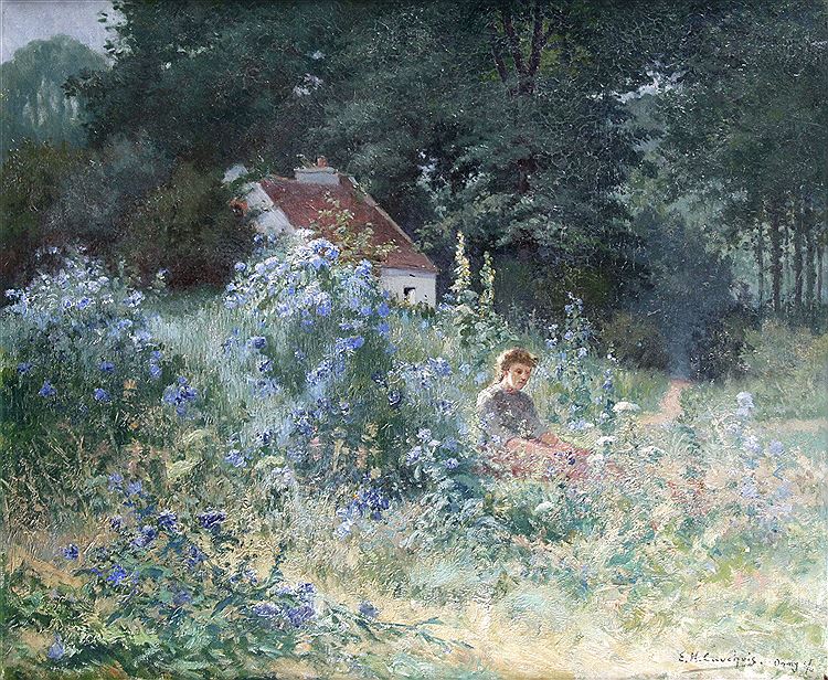 Young Women in the Flowers at Osny sur Oise, vintage artwork by Eugene Henri Cauchois, 12x8" (A4) Poster
