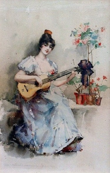 A Spanish Lady Playing guitar, vintage artwork by Mary Fairchild MacMonnies Low, 12x8" (A4) Poster