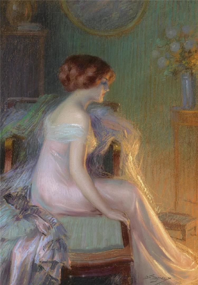Elegant Lady by the Fireside by Delphin Enjolras,A3(16x12")Poster