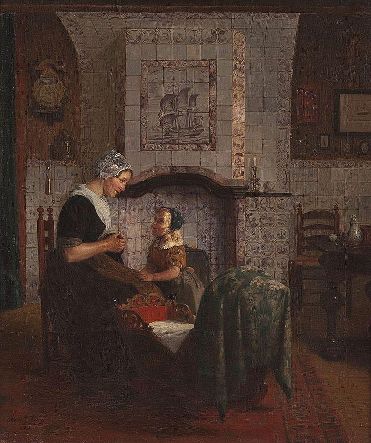 Mother and Daughter by the Cradle, vintage artwork by Otto Karl Kirberg, 12x8" (A4) Poster
