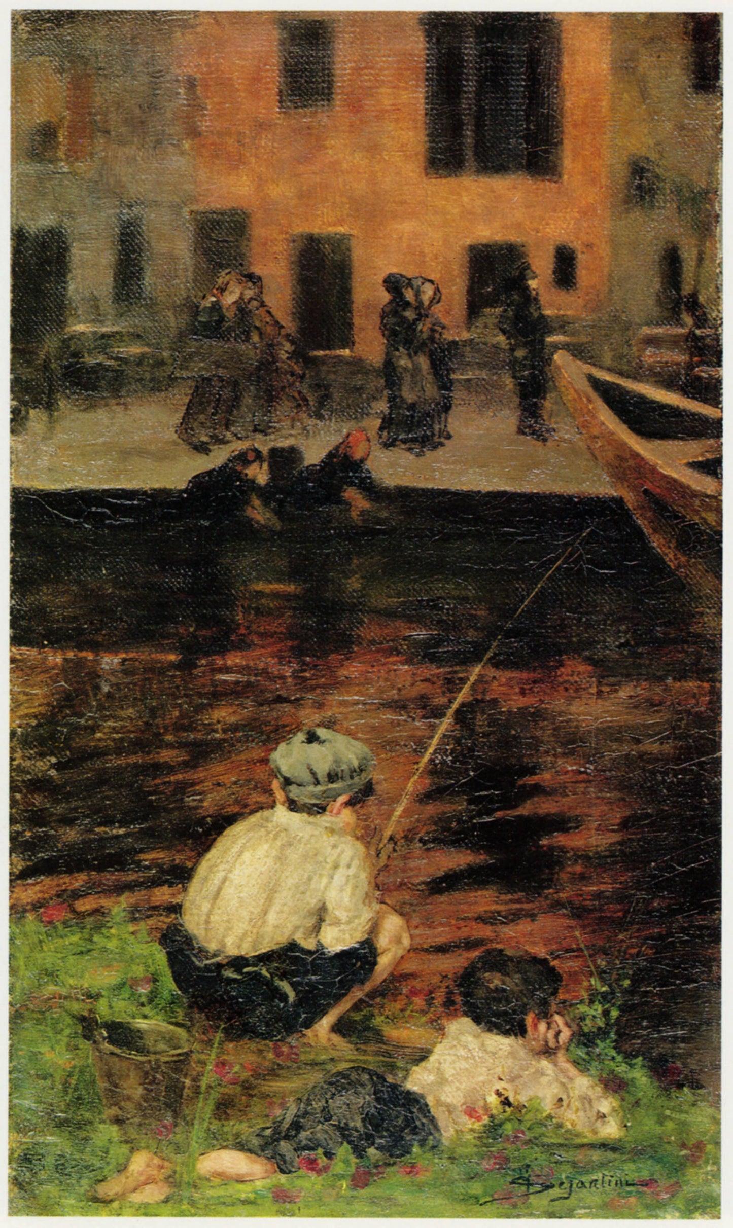 Canal Naviglio with Two Fishing Boys, vintage artwork by Giovanni Segantini, 12x8" (A4) Poster