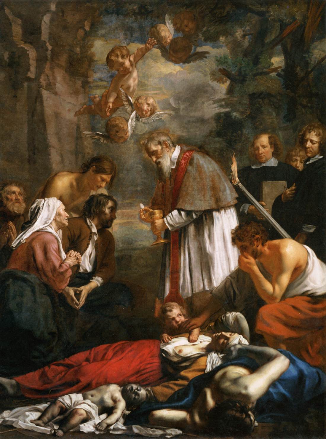 Saint Macarius of Ghent Giving Aid to the Plague Victims, vintage artwork by Jacob van Oost the Younger, 12x8" (A4) Poster