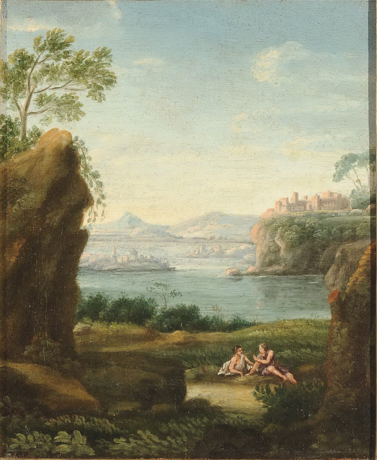 Landscape with Couple and Distant Buildings, vintage artwork by Paolo Anesi, 12x8" (A4) Poster