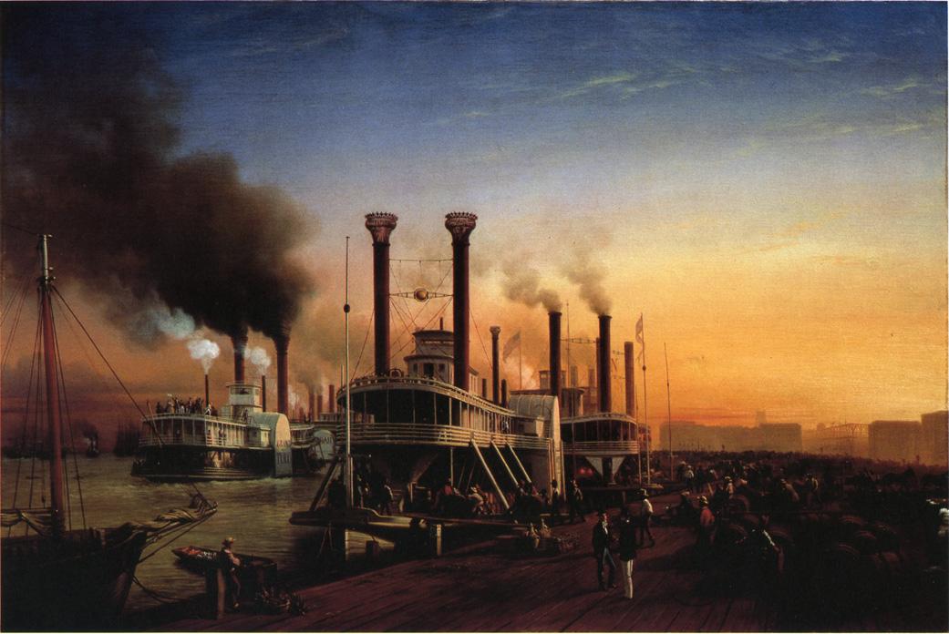 Giant Steaamboats at the Levee in New Orleans, vintage artwork by Hyppolite Sebron, A3 (16x12") Poster Print