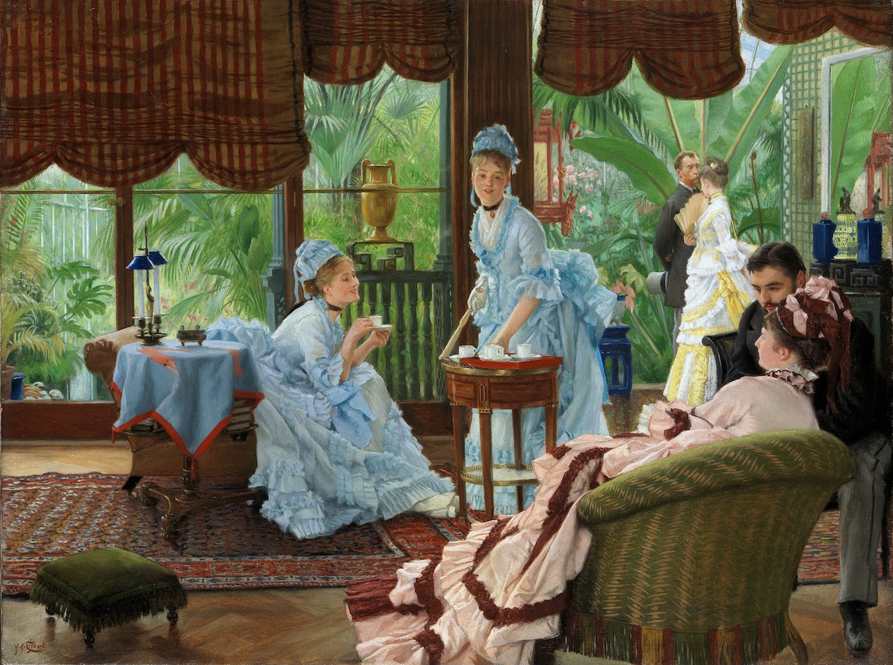 In the Conservatory, vintage artwork by James Tissot, 12x8" (A4) Poster