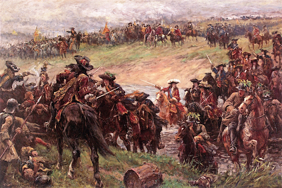 The Battle of the Boyne, 1690, vintage artwork by Jan Hoynck van Papendrecht, 12x8" (A4) Poster