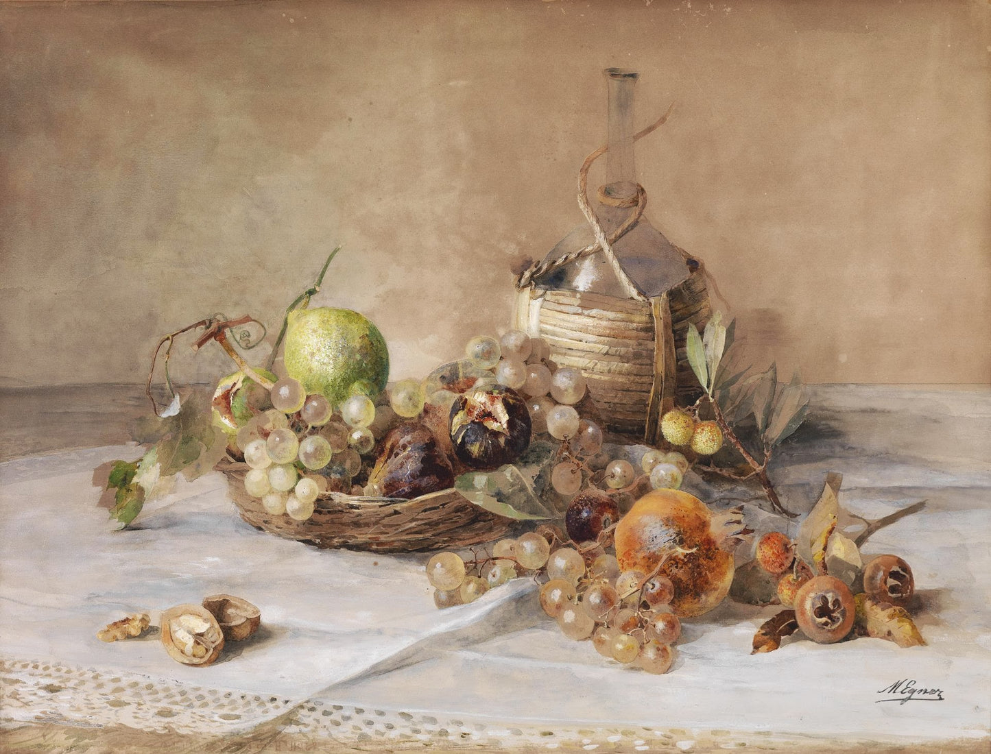 Still-life with Fruit and Bottle of Chianti, vintage artwork by Marie Egner, 12x8" (A4) Poster