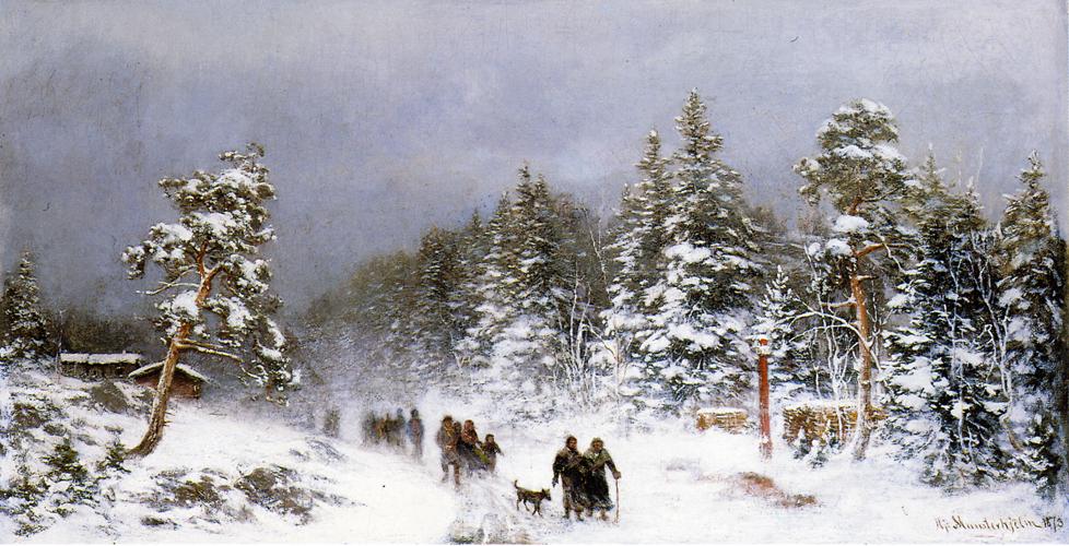 A Wintery Walk, vintage artwork by Hjalmar Munsterhjelm, 12x8" (A4) Poster