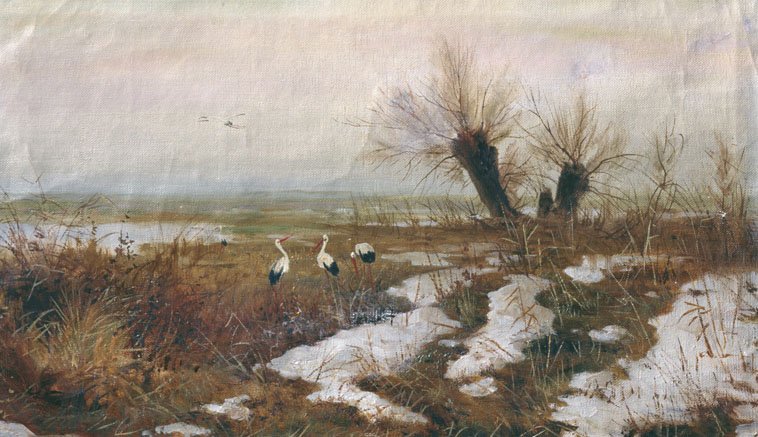 Landscape with Cranes, vintage artwork by Sergei Svetoslavsky, 12x8" (A4) Poster