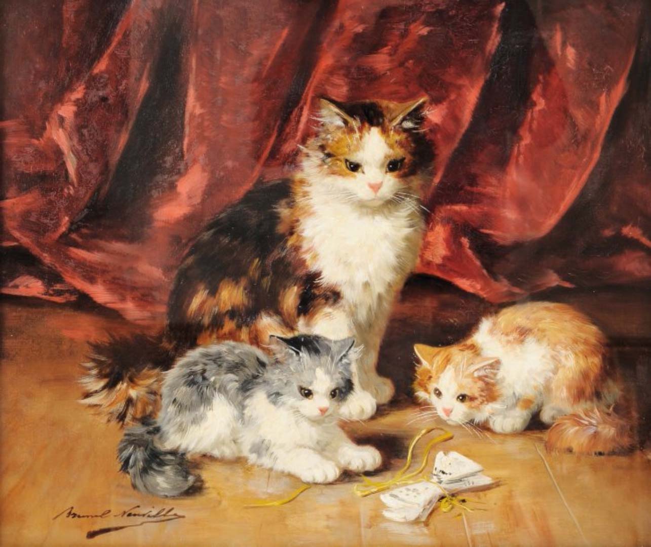 chatte et deux chatons, vintage artwork by Alfred Brunel de Neuville, 12x8" (A4) Poster