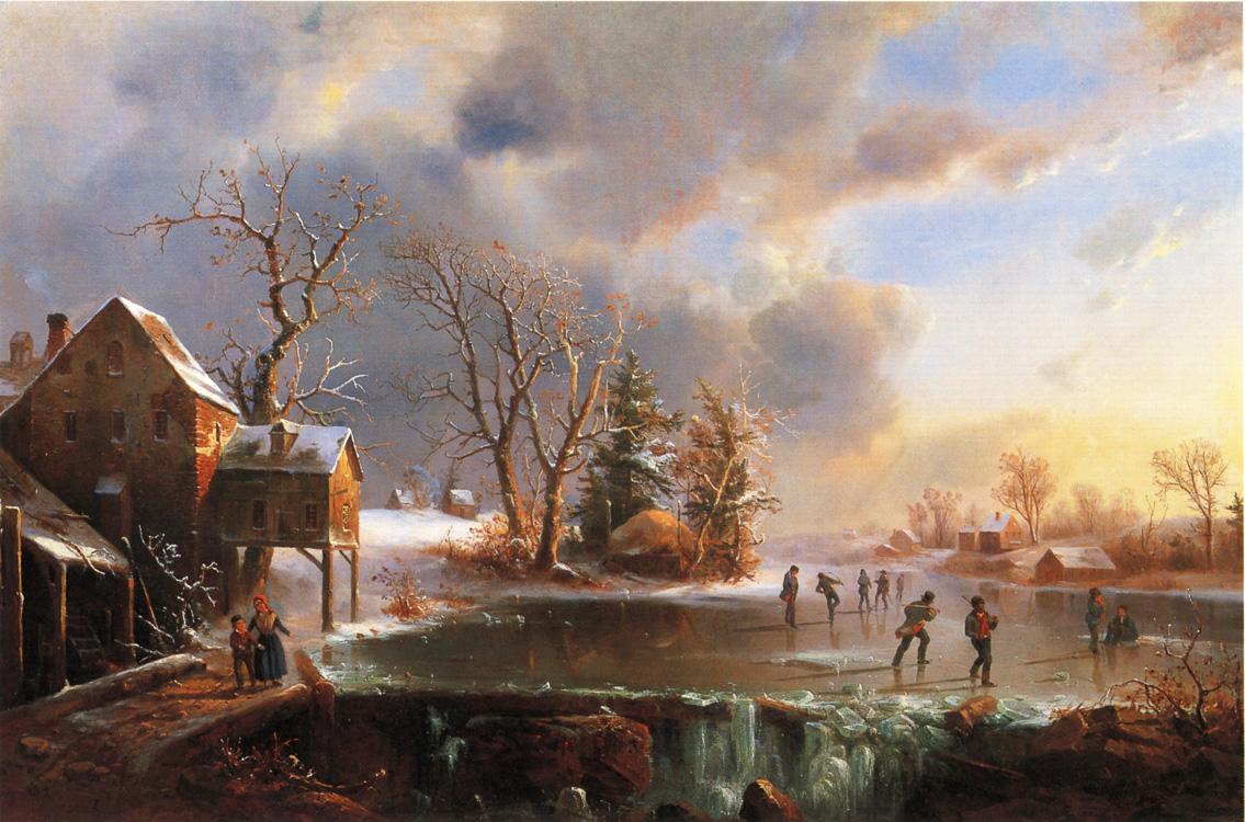 Skaters on a Frozen Pond, vintage artwork by Regis François Gignoux, A3 (16x12") Poster Print