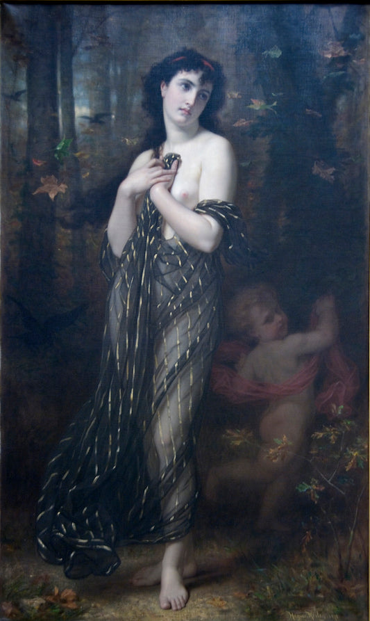 Falling Leaves, Allegory of Autumn, vintage artwork by Hugues Merle, 12x8" (A4) Poster