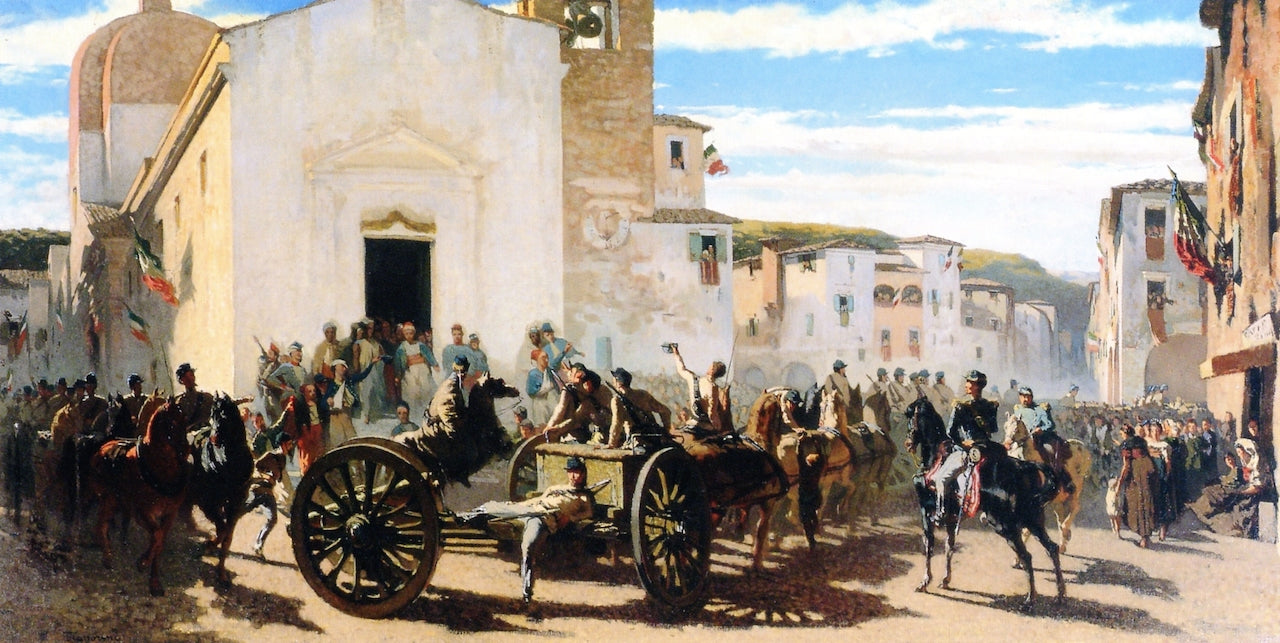 L'artiglieria toscana a Montechiaro salutata dia francesi feriti a Solferino, vintage artwork by Telemaco Signorini, 12x8" (A4) Poster