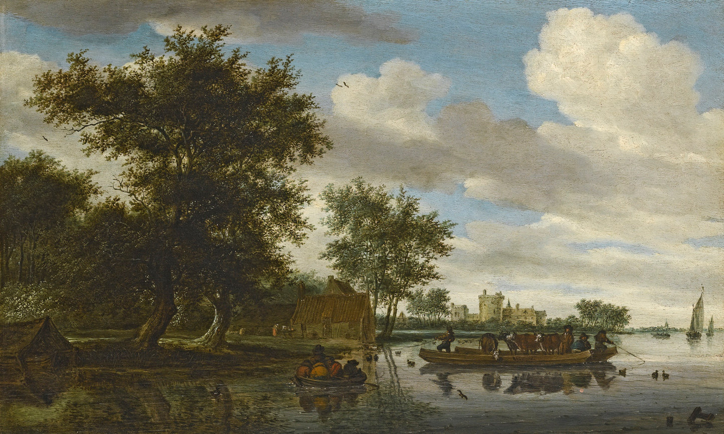 The River Lek With A Rowing Boat And Cattle Ferry, And Liesvelt Castle In The Distance, vintage artwork by Salomon van Ruysdael, 12x8" (A4) Poster