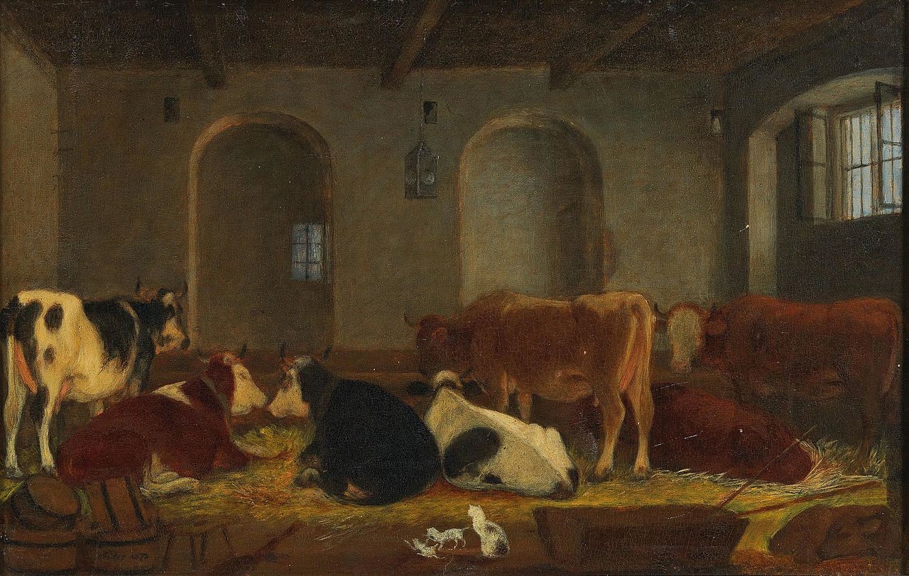 Cows and Cats in the Stable, vintage artwork by Johann Michael Neder, A3 (16x12") Poster Print
