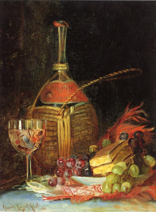 Still Life with Grapes, Cake and Botle of Wine, vintage artwork by Claude Raguet Hirst, 12x8" (A4) Poster