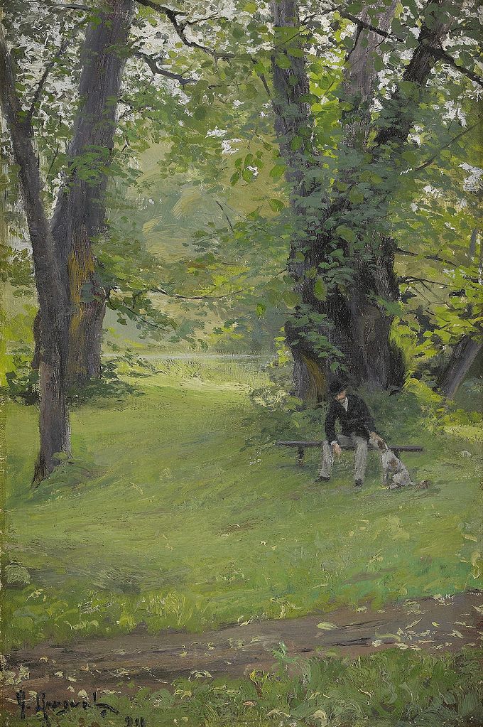 Park with sitting man and dog, vintage artwork by Gerda Roosval-Kallstenius, 12x8" (A4) Poster