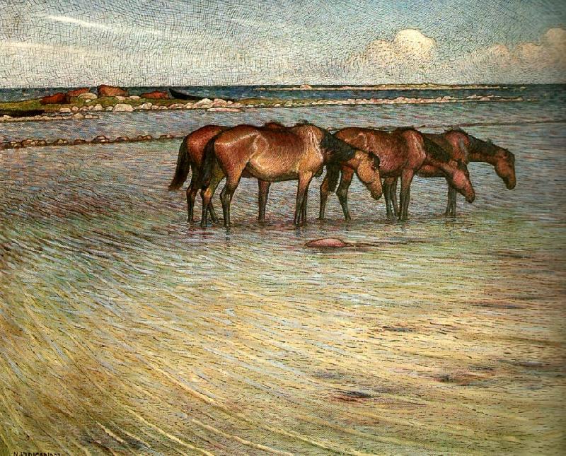 Horses Cooling, vintage artwork by Nils Kreuger, 12x8" (A4) Poster