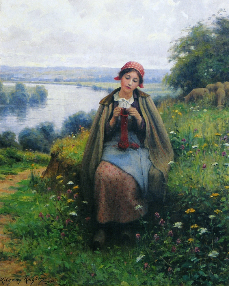 Girl Knitting, vintage artwork by Daniel Ridgway Knight, 12x8" (A4) Poster