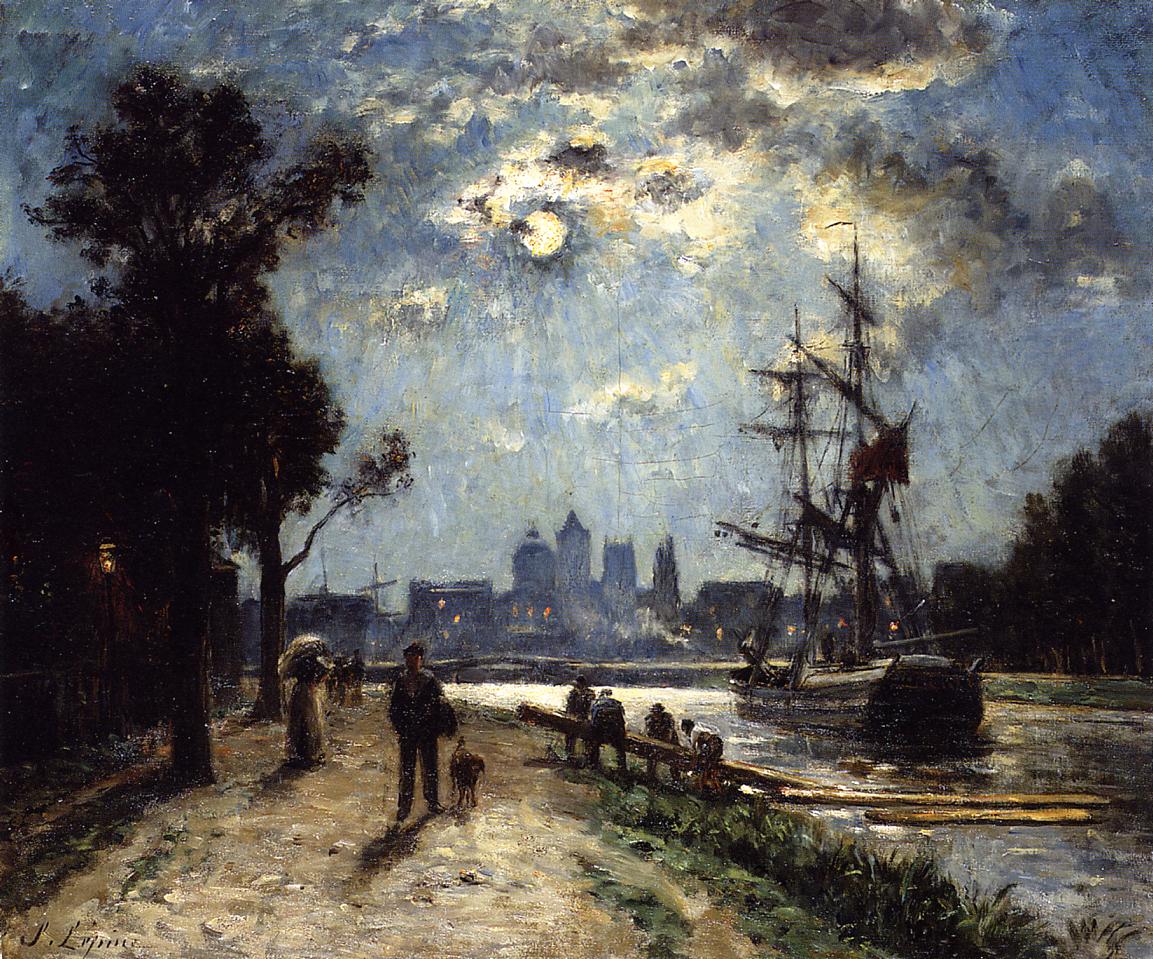 Caen, Le Long de l'Orne peint depuis le cours Caffarelli, effet de lune, vintage artwork by Stanislas Lepine, 12x8" (A4) Poster